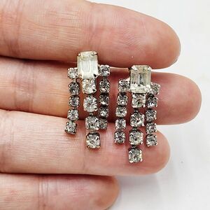 Vintage Square Crystal Rhinestone Dangle Drop Silver Tone Fringe Screwback Glam